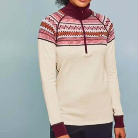 Kari Traa Lokke Half Zip Base Layer Pullover Top Sz L Ivory Burgundy Fair Isle‎ - Picture 1 of 9